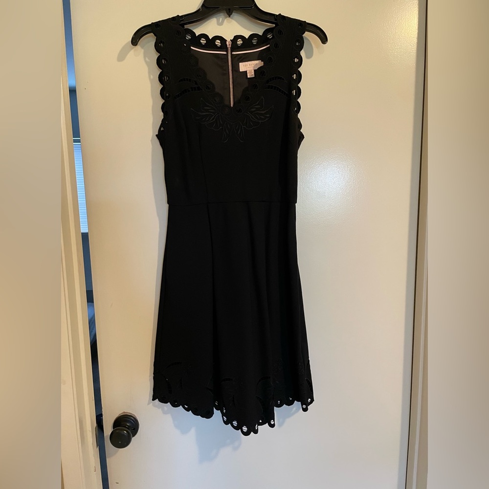 Ted baker black skater dress with embroidery detail size 2